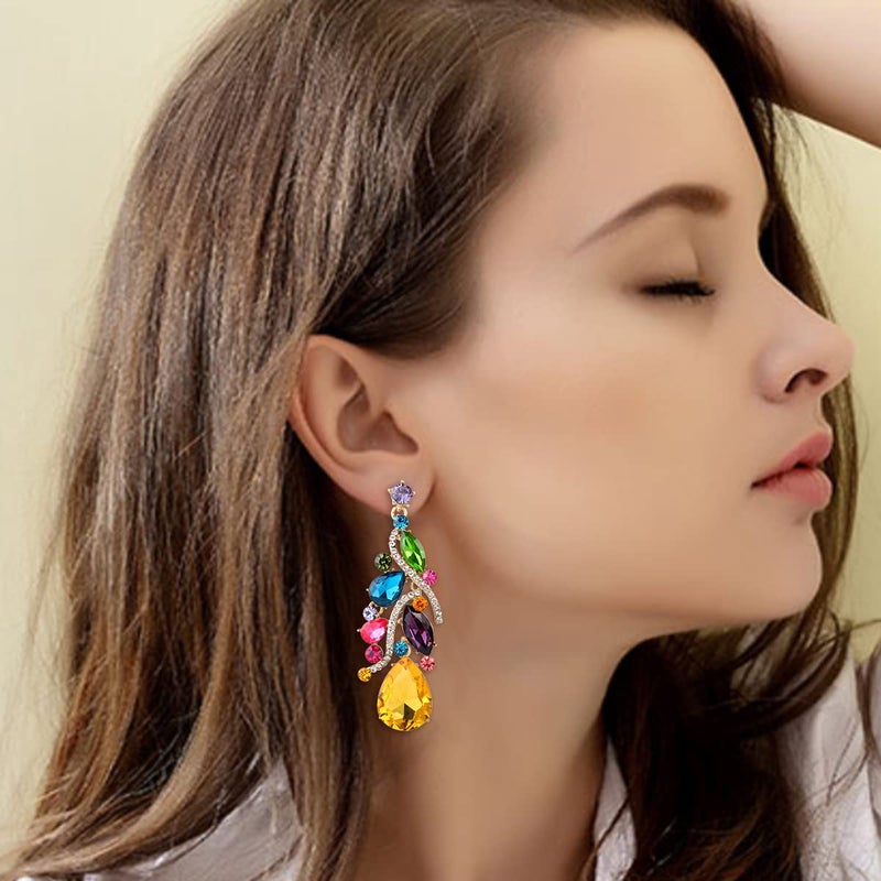 BriLove Bohemian Boho Dangle Earrings for Women Crystal Multi Teardrop Filigree Cluster Chandelier Jewelry Multicolor Colorful Gold-Toned - Image 4